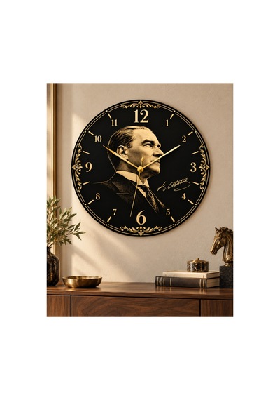 Atatürk Temalı 45 Cm Ahşap Sessiz Akar Mekanizmalı Uv Baskılı Dekoratif Duvar Saati Hediyelik 1094 Çok Renkli