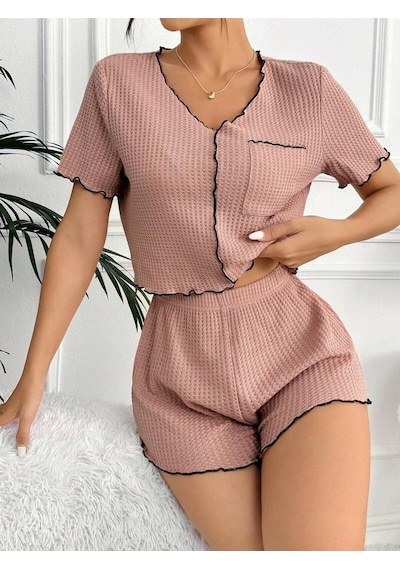Bella Notte Gül Kurusu Pamuklu Özel Örme Kumaş Pijama Takımı Pembe
