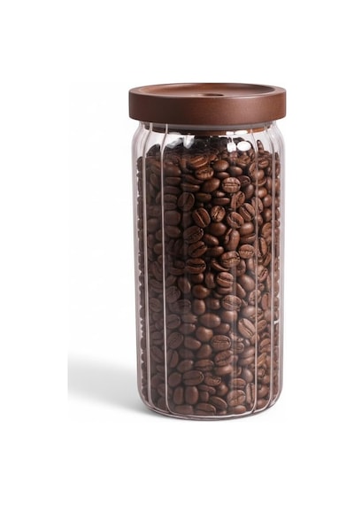 Akasya Kapaklı Çizgili Cam Kavanoz 1000ml /1 Litre Hava Geçirmez, Modern Fitilli Tasarım Gı Tek Renk