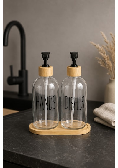 Relly Bambu Standlı İkili Cam Sabunluk Seti 2 X 500 Ml Hands & Dıshes Şeffaf