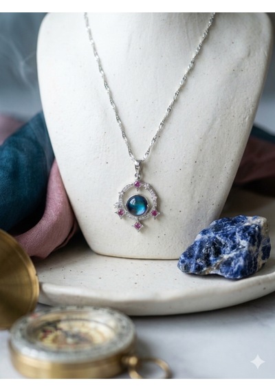 Galaksi Temalı Mavi Kristal Zirkon Kolye - Gümüş Kaplama Kadın Kolye