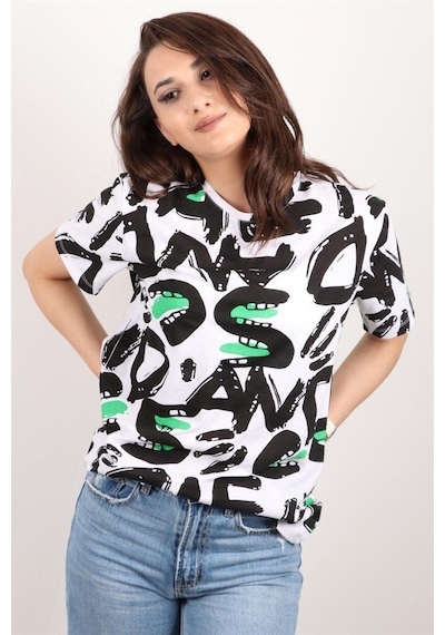 Kadın Baskılı Bisiklet Yaka Oversize T-shirt Beyaz Kadın Baskılı Bisiklet Yaka Oversize T-shirt Beyaz