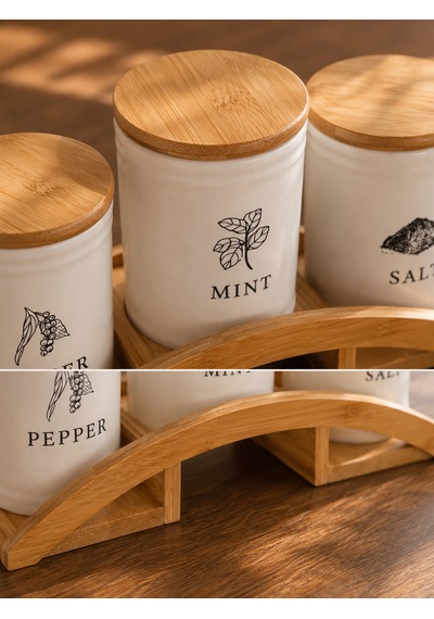 Bambu Standlı 3 Lü Baharatlık Seti Salt, Pepper & Mint Beyaz