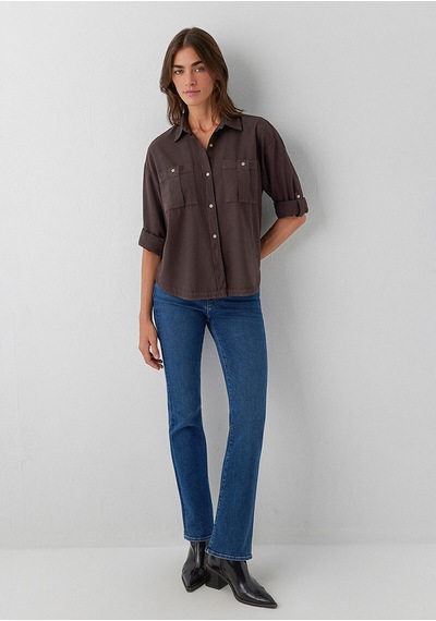 Mavi Düğme Detaylı Kahverengi Gömlek Loose Fit / Bol Rahat Kesim 1211383-70240