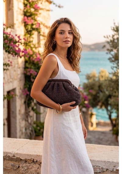 Vivazzaluxe Aura Model Örme Yazlık Kadın Portföy & Clutch, Omuz Çanta Acı Kahverengi