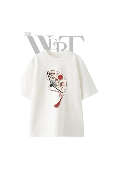 Thewert Japon Yelpaze Tasarım Baskılı Ünisex Beyaz Oversize T-shirt
