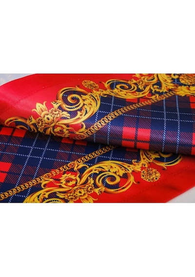 Belize Baskılı Saten Kumaş Kırmızı Siyah Runner Kırlent Set 3 Prç. 135x50 Cm 1378 Kırmızı