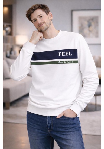 The Feel Marcel Erkek Regular Fit Bisiklet Yaka İnce Sweatshirt Beyaz