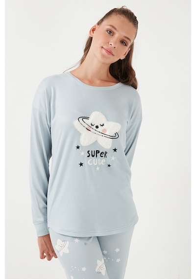 Lela Streç Standart Fit Bisiklet Yaka Desenli Bayan Pijama Takımı 6095700 Açık Gri