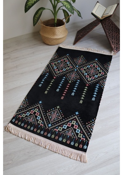 Kilim Desenli Astarlı Lüks Seccade S1020 Siyah Siyah-beyaz