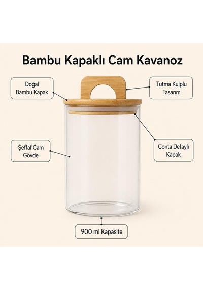 900 Ml Bambu Kapaklı Yuvarlak Cam Kavanoz, 10 Cm Çap 15 Cm Yükseklik, Contalı Kulplu Şeffaf Erzak Ve Kuru Gıda Saklama Kabı, Kahve Çay Şeker Bakliyat İçin Çok Renkli