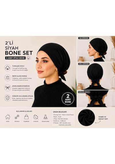 2'li Siyah Kadın Bone Esnek Ve Rahat Saç Bonesi, Günlük Kullanım Için Bone Siyah - Siyah
