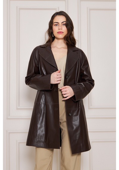 M M Marki Marki Kadın Hakiki Deri Trençkot Kahverengi, V Yaka, Kuşaklı, Düğme Kapamalı, Oversize, 90 Cm - 117122