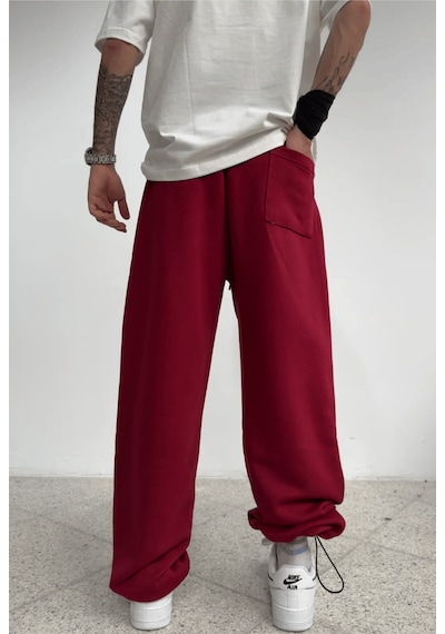 Zaee Nakışlı Yazlık Kumaş Ayarlanabilir Paça Baggy Premium Eşofman Altı Bordo
