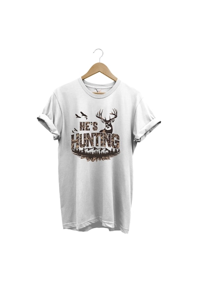 Kamuflaj Desenli Hunting Yazısı Ve Geyik Baskılı %100 Pamuk Rahat Kalıp Premium Tişört Beyaz