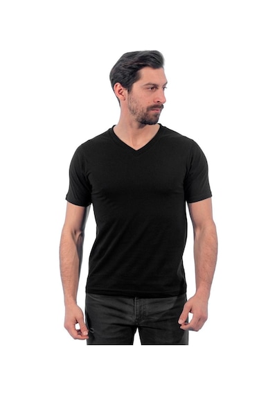 V Yaka Tişört, Siyah -113E250- T-Shirt, Tshirt, Kısa Kollu