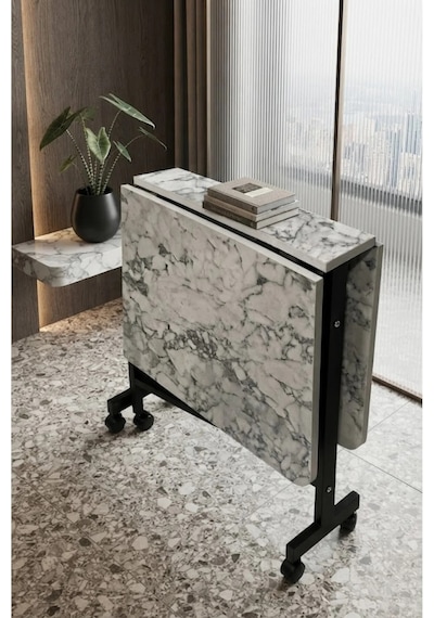 Çok Amaçlı Açılır Katlanır Ahşap Kelebek Masa Beyaz Mermer 60x120