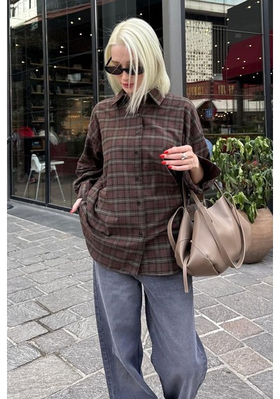 Madmext Kahverengi Oversize Ekose Desenli Kadın Gömlek Mg2589 Kahverengi