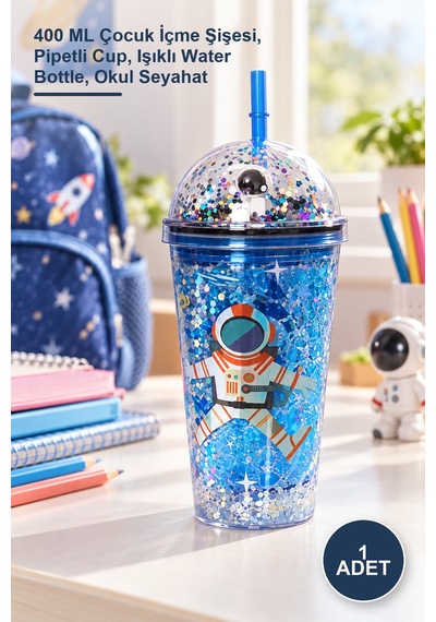 1 Adet Sevimli Astronot Işıklı Pipetli Pullu Suluk Bardak 400 Ml Çocuk İçme Şişesi, Pipetli Cup, Işıklı Water Bottle, Okul Seyahat