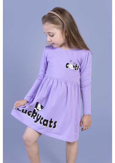 Toontoy Kız Çocuk Luckycats Baskılı Elbise Lila
