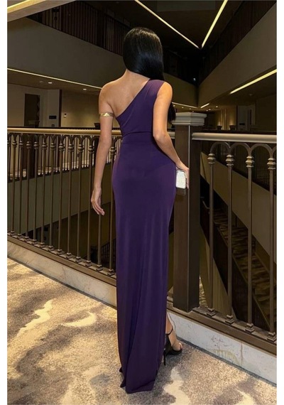 Lior Design Kadın Trend Model Sandy Kumaş Tek Omuz Balık Kesim Abiye Elbise Mor