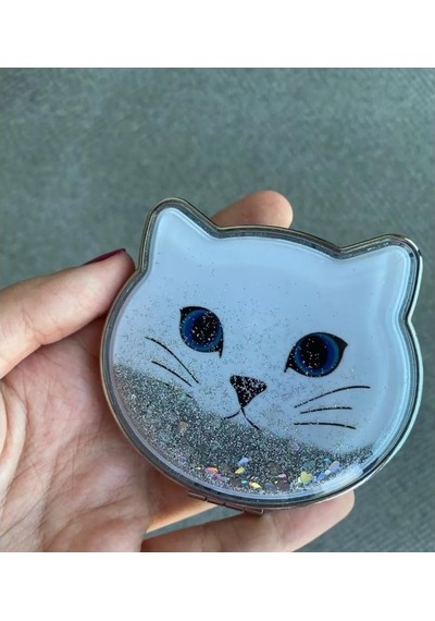 Kedi Tasarımlı Simli Sulu Kozmetik Cep Çanta Aynası Kapaklı El Makyaj Aynası Aparatı Genel