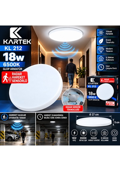 5'li Paket Kartek Kl 212 18w Radar Hareket Sensörlü Led Glop Armatür 6500k Beyaz Işık Sıva Üstü Yuvarlak Tavan Lambası