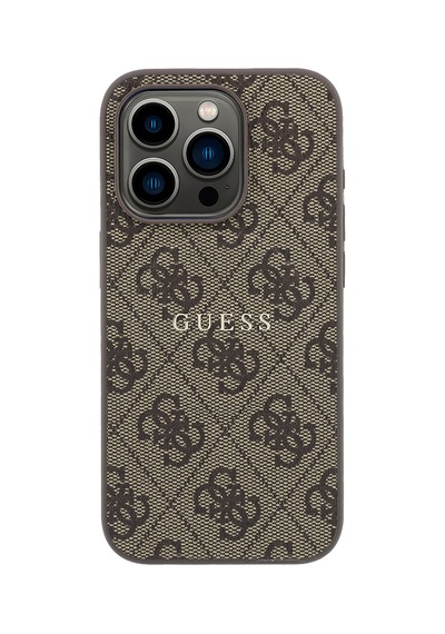 İphone 15 Pro Uyumlu Kılıf Guess Lisanslı M-safe Kabartmalı 4g Desenli Yazı Logolu Kapak Kahverengi
