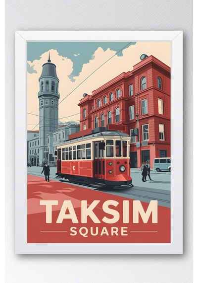 Taksim Meydanı Tablo - Nostaljik İstanbul Posteri - Retro Tramvay Duvar Dekoru - Şehir Tablosu Beyaz