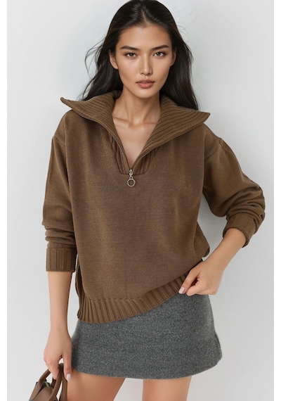 Hiccup My Fashıon Fermuarlı Yaka Oversize Triko Kazak Mocha Kahvesi