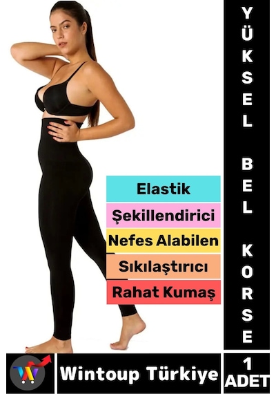 Wintoup Gündelik Spor Karın Bel Sıkılaştıran Güçlendiren Toparlayan Elastik Konforlu Yüksek Bel Korse Tayt Siyah