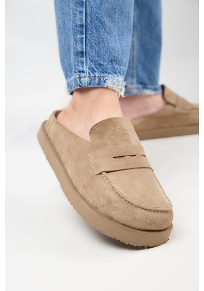 Manijero Ziva Kadın Hakiki Deri Loafer Platform Vizon Terlik