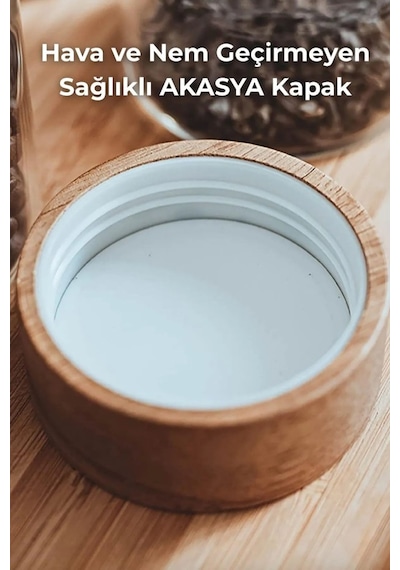 6'lı Akasya Kapaklı Cam Baharatlık Seti 200 Ml 16 Adet Etiket Hediye M70911 Ahşap