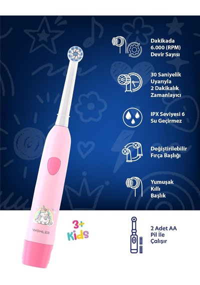 Değiştirilebilir Başlıklı Pilli Kız Çocuk Diş Fırçası 3+, Fda Onaylı
