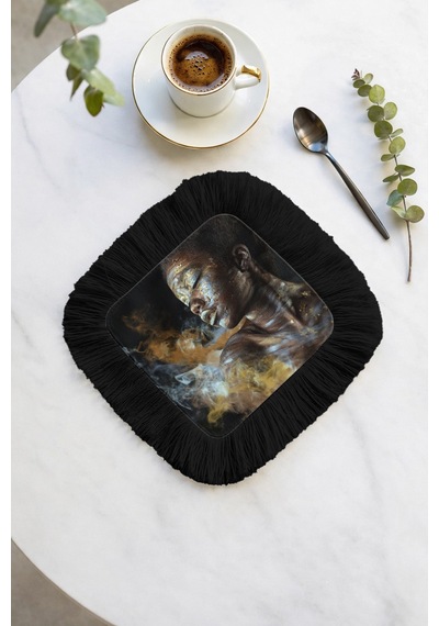 Sanatsal Işıltılı Saçaklı Sunum Peçetesi - Afro Dokunuşlu Bohem Siyah Bardak Altlığı Mendil Soft Göl Bronz