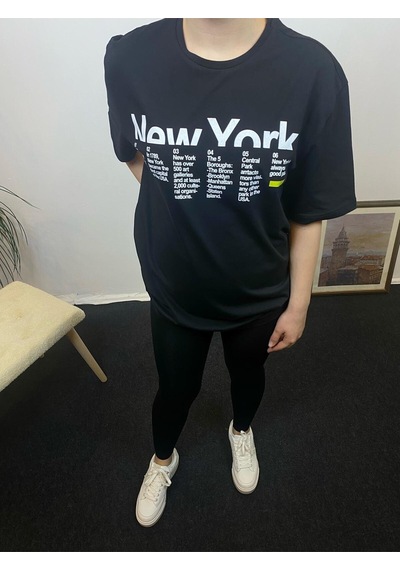 Kadın Bisiklet Yaka Oversize Kalıp New York Baskılı Tişort Spr24tsk112 Black