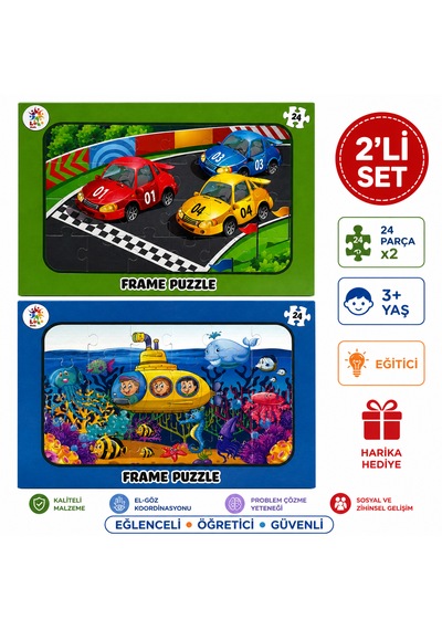 2 Li Set 24 Parça Frame Puzzle Eğitici Çocuk Yapboz Oyuncak Seti