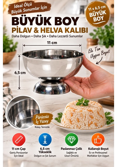 11 Cm Paslanmaz Çelik Pilav Ve Helva Kalıbı Büyük Boy Yuvarlak Sunum Ve Porsiyonlama Kalıbı Sunumluk Gümüş
