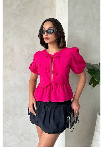 Verymoda Pembe Önden Bağlamalı Poplin Bluz D2699 FUŞYA