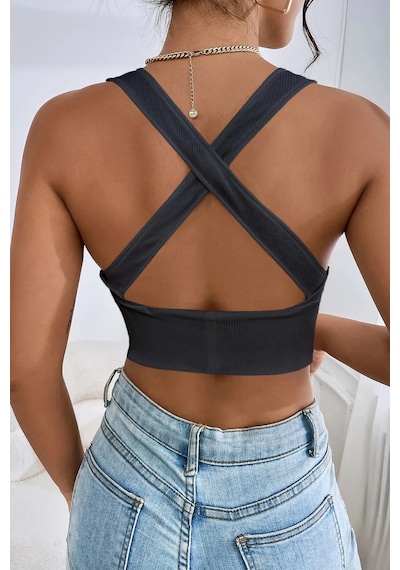Terapi Men Kadın Antrasit Çapraz Sırt Detaylı Crop Top Bluz Antrasit