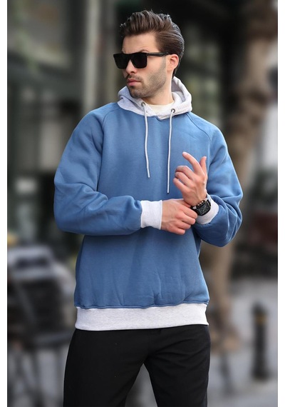 Madmext İndigo Renk Bloklu Kapüşonlu Sweatshirt 7073 Mavi