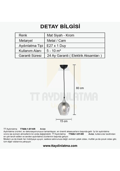 Tt606-1-sy-kr Tt Ayd. Mat Siyah - Krom Basık Camlı Tekli Avize Siyah - Krom - Füme