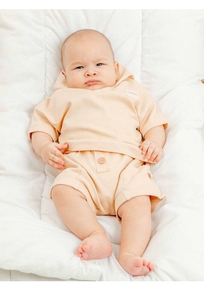 Zekids Bebek Organik Pamuklu Basic Kapüşonlu Tshirt Şortlu Takım-15908 Bej