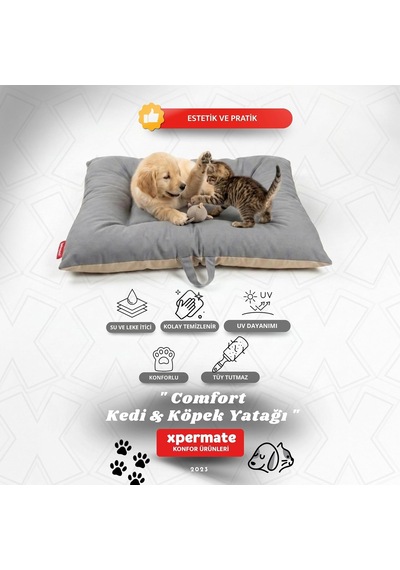 Xpermate Köpek Minderi Köpek Yatağı Kedi Yatağı Çift Taraflı Yıkanabilir Antrasit Bej Comfort 55x65 Cm
