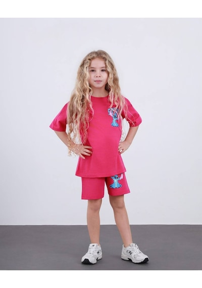 Miniko Kids Kız Çocuk Stitch Modelli Pamul Şortlu Takım Fuşya