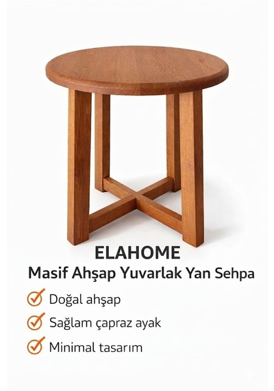 Elahome Sehpa Doğal Meşe Masif Yan Sehpa % 100 Doğal Meşe Masif Kırmızı - Kahverengi