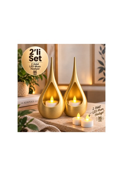 2 Li Dekoratif Mumluk Seti Modern Teardrop Tasarım, 2 Adet Led Mum Hediyeli, Şık Ev Dekorasyonu - Pembe Açık 66982815