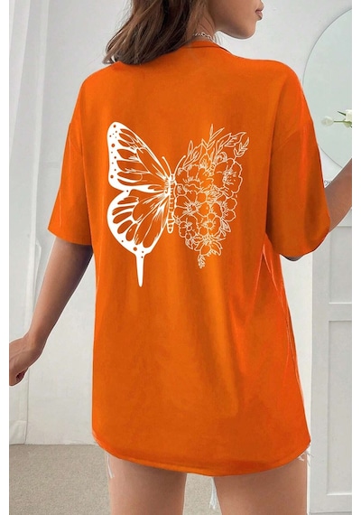 Flood Of Style Unisex Drawing Butterflies Tasarım T-shirt Turuncu