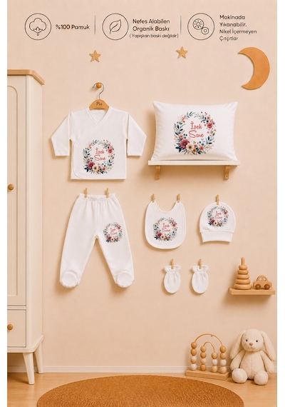 Pia Baby Kişiye Özel Kız Bebek Zıbın Seti 6 Parça %100 Pamuk Hastane Çıkışı Yastık Kılıfı 1069yz3x Ekru