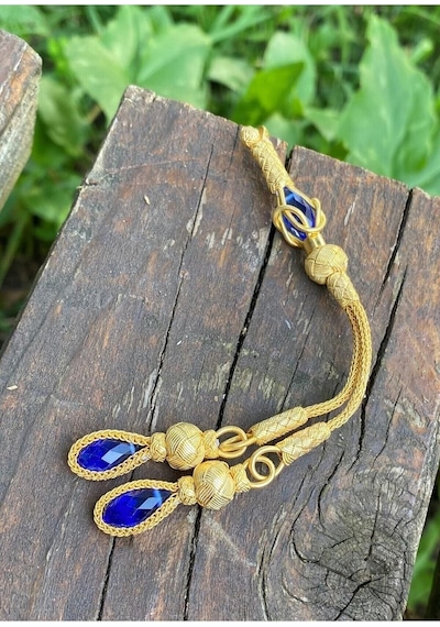 Gümüş Kazaziye Zirkon Kristal Taşlı İki Sallantılı Gümüş Tesbih Püskülü Mavi